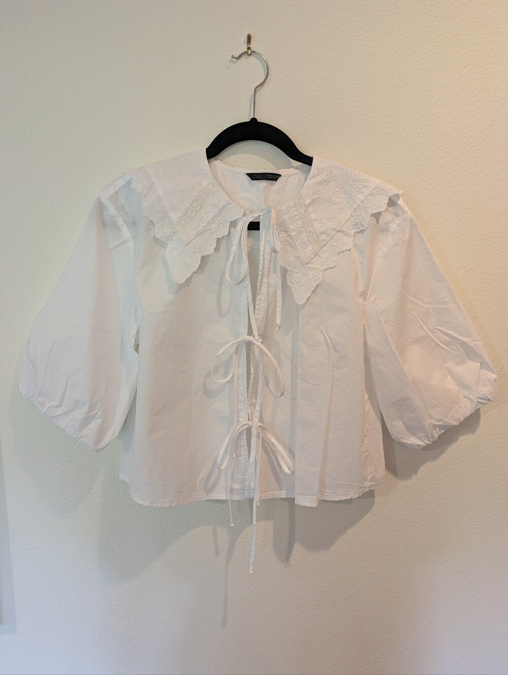 Zara White Eyelet Collar Tie-Front Puff Sleeve Blouse